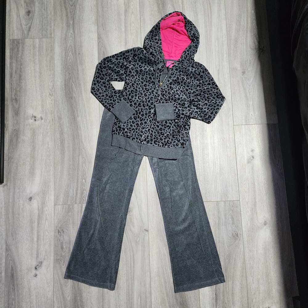 Vintage Y2K Jenni Cheetah Print Grey Velvet Track Suit Jogger Set Womens Medium